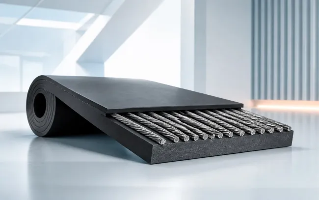 Conceptual cutaway of a conveyor belt reinforced with steel cords